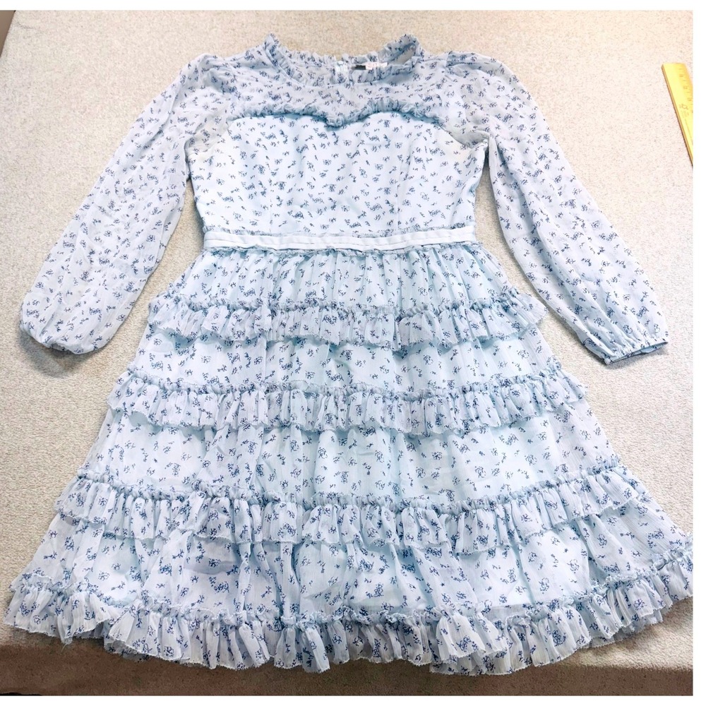 Ivy City Co Women M Blue Floral Ruffle Tiered Midi Dress Puff Sleeve Cottagecore